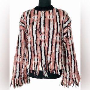 Pink Black and White Striped Mock-neck Fringe Chunky Sweater